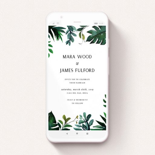 Digital Wedding Invite Design - "Gap in the Jungle" A digital wedding invite template titled "Gap in the Jungle". It is a smartphone screen sized invite in a portrait orientation. "Gap in the Jungle" is available as a flat invite, with tones of green and white.
