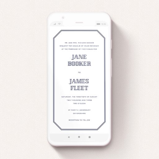 Digital Wedding Invite Design - "In between the lines square" A digital wedding invite named "In between the lines square". It is a smartphone screen sized invite in a portrait orientation. "In between the lines square" is available as a flat invite, with tones of blue and white.