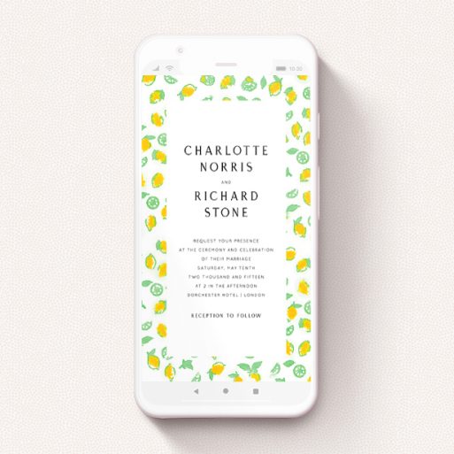 Digital Wedding Invite Design - "Madeira" A digital wedding invite design called "Madeira". It is a smartphone screen sized invite in a portrait orientation. "Madeira" is available as a flat invite, with tones of yellow, green and white.