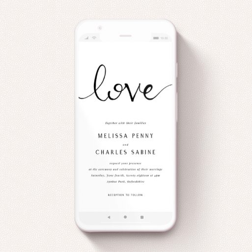 Digital Wedding Invite Design - "Simply Love" A digital wedding invite template titled "Simply Love". It is a smartphone screen sized invite in a portrait orientation. "Simply Love" is available as a flat invite, with tones of white and black.