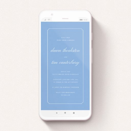 Digital Wedding Invite Design - "Square Slant Blue" A digital wedding invite design called "Square Slant Blue". It is a smartphone screen sized invite in a portrait orientation. "Square Slant Blue" is available as a flat invite, with tones of blue and white.