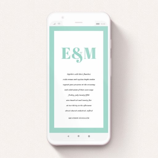 Digital Wedding Invite Design - "Take on the sides " A digital wedding invite named "Take on the sides ". It is a smartphone screen sized invite in a portrait orientation. "Take on the sides " is available as a flat invite, with tones of green and white.