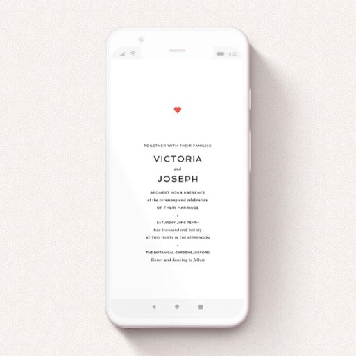 Digital Wedding Invite Design - "What it comes down to" A digital wedding invite design called "What it comes down to". It is a smartphone screen sized invite in a portrait orientation. "What it comes down to" is available as a flat invite, with tones of white and red.