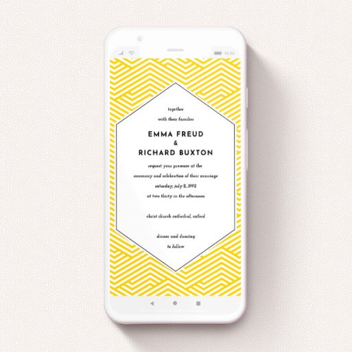 Digital Wedding Invite Design - "Yellow lines " A digital wedding invite named "Yellow lines ". It is a smartphone screen sized invite in a portrait orientation. "Yellow lines " is available as a flat invite, with tones of yellow and white.