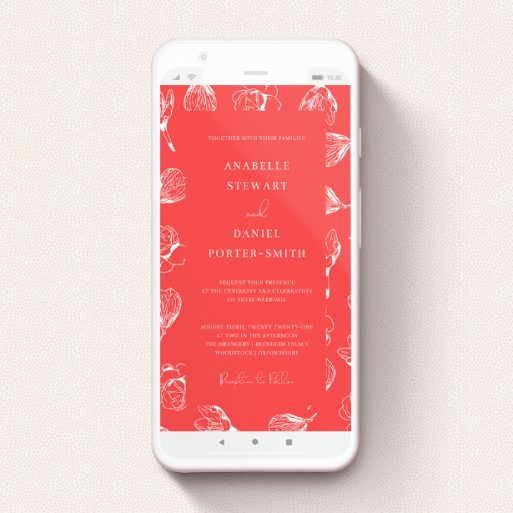 Digital Wedding Invite Design - "Young Bloom" A digital wedding invite template titled "Young Bloom". It is a smartphone screen sized invite in a portrait orientation. "Young Bloom" is available as a flat invite, with tones of red and white.