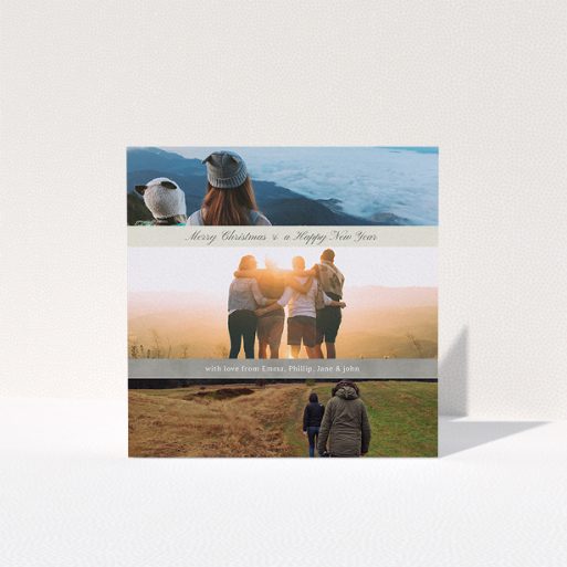 Family Christmas Card Design - "Grey and Cream" A family christmas card design named "Grey and Cream". It is a square (148mm x 148mm) card in a square orientation. It is a photographic family christmas card with room for 3 photos. "Grey and Cream" is available as a folded card, with tones of light grey and dark cream.