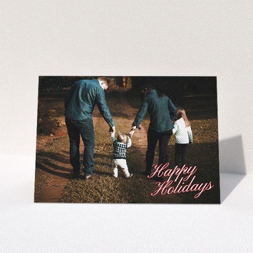 Family Christmas Card Design - "Happy Holidays" A family christmas card design titled "Happy Holidays". It is an A5 card in a landscape orientation. It is a photographic family christmas card with room for 1 photo. "Happy Holidays" is available as a folded card.