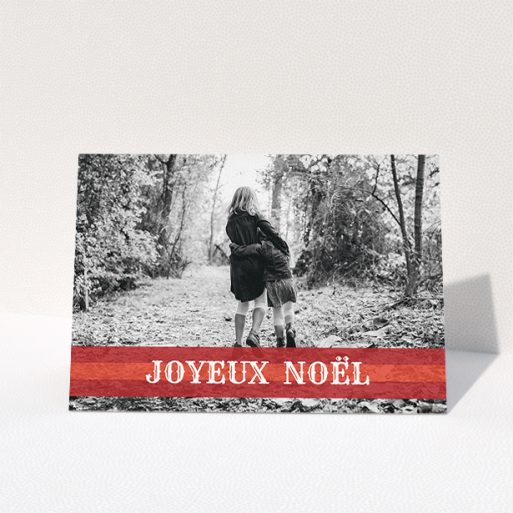 Family Christmas Card Design - "Warm Christmas Banner" A family christmas card design called "Warm Christmas Banner". It is an A5 card in a landscape orientation. It is a photographic family christmas card with room for 1 photo. "Warm Christmas Banner" is available as a folded card, with mainly dark red colouring.