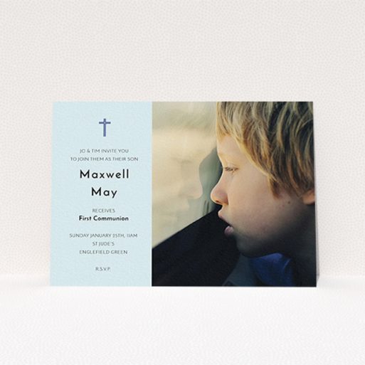 First Holy Communion Invitation Design - "Blue Side Frame" A first holy communion invitation called "Blue Side Frame". It is an A6 invite in a landscape orientation. It is a photographic first holy communion invitation with room for 1 photo. "Blue Side Frame" is available as a flat invite, with mainly blue colouring.