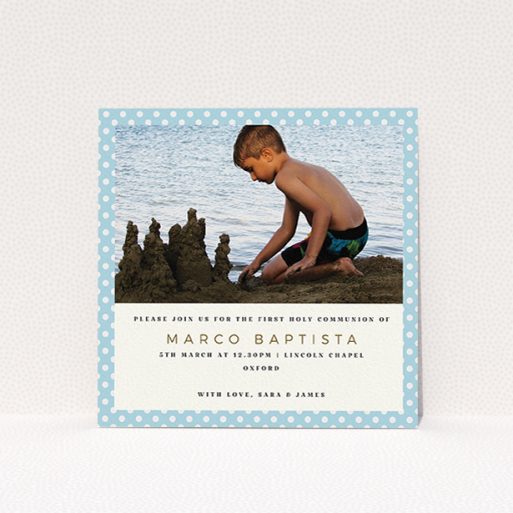 First Holy Communion Invitation Design - "Boy Blue Polkadots" A first holy communion invitation called "Boy Blue Polkadots". It is a square (148mm x 148mm) invite in a square orientation. It is a photographic first holy communion invitation with room for 1 photo. "Boy Blue Polkadots" is available as a flat invite, with tones of blue and white.