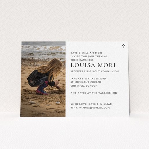 First Holy Communion Invitation Design - "Cross Outline" A first holy communion invitation design titled "Cross Outline". It is an A6 invite in a landscape orientation. It is a photographic first holy communion invitation with room for 1 photo. "Cross Outline" is available as a flat invite, with mainly white colouring.