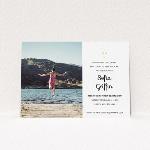 First Holy Communion Invitation Design - "Gold Cross" A first holy communion invitation design titled "Gold Cross". It is an A6 invite in a landscape orientation. It is a photographic first holy communion invitation with room for 1 photo. "Gold Cross" is available as a flat invite, with tones of white and gold.