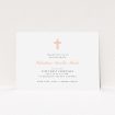A first holy communion invitation design called "Light Pink Cross". It is an A5 invite in a landscape orientation. "Light Pink Cross" is available as a flat invite, with tones of white and pink.