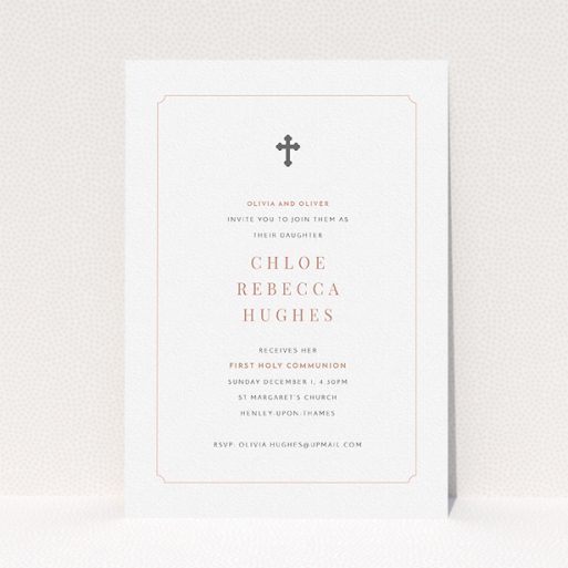 First Holy Communion Invitation Design - "Pink and Grey" A first holy communion invitation design named "Pink and Grey". It is an A5 invite in a portrait orientation. "Pink and Grey" is available as a flat invite, with mainly white colouring.