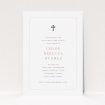 A first holy communion invitation design named "Pink and Grey". It is an A5 invite in a portrait orientation. "Pink and Grey" is available as a flat invite, with mainly white colouring.