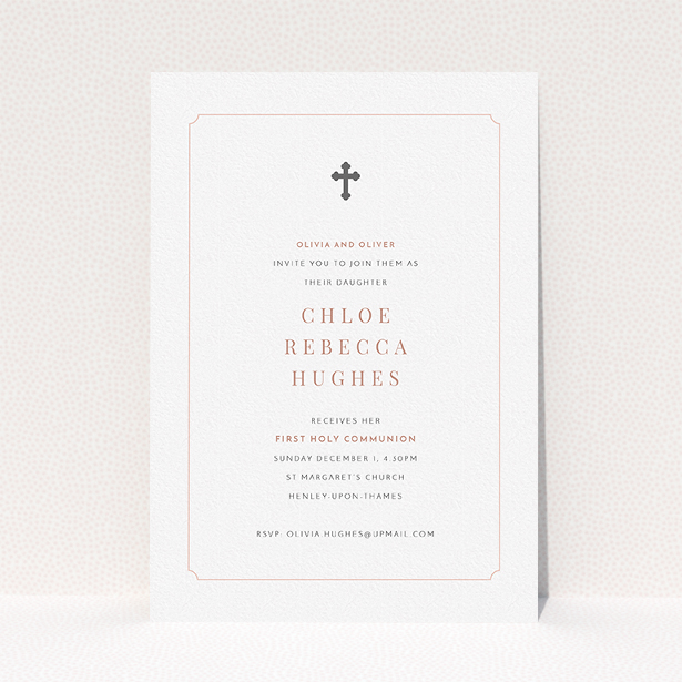 A first holy communion invitation design named "Pink and Grey". It is an A5 invite in a portrait orientation. "Pink and Grey" is available as a flat invite, with mainly white colouring.