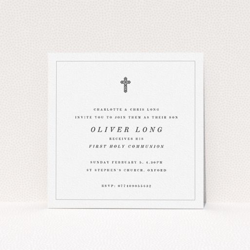 First Holy Communion Invitation Design - "Simple Grey Cross" A first holy communion invitation design named "Simple Grey Cross". It is a square (148mm x 148mm) invite in a square orientation. "Simple Grey Cross" is available as a flat invite, with tones of white and black.