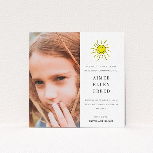 First Holy Communion Invitation Design - "Smiling Sun" A first holy communion invitation design named "Smiling Sun". It is a square (148mm x 148mm) invite in a square orientation. It is a photographic first holy communion invitation with room for 1 photo. "Smiling Sun" is available as a flat invite, with tones of white and yellow.