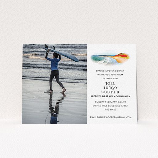 First Holy Communion Invitation Design - "Watercolour Bay" A first holy communion invitation design named "Watercolour Bay". It is an A6 invite in a landscape orientation. It is a photographic first holy communion invitation with room for 1 photo. "Watercolour Bay" is available as a flat invite, with tones of white, orange and light blue.