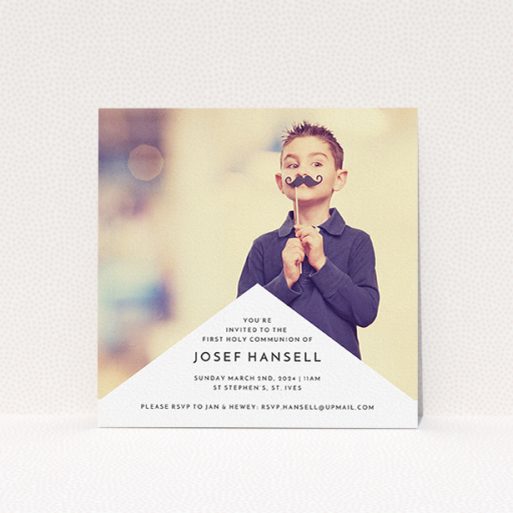 First Holy Communion Invitation Design - "Wedge Frame" A first holy communion invitation design titled "Wedge Frame". It is a square (148mm x 148mm) invite in a square orientation. It is a photographic first holy communion invitation with room for 1 photo. "Wedge Frame" is available as a flat invite, with mainly white colouring.