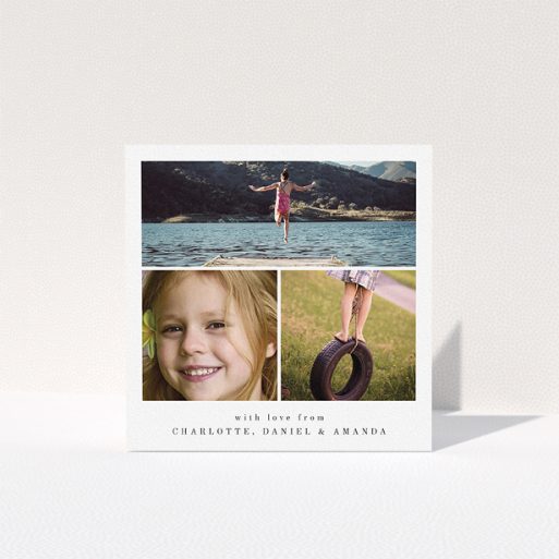 First Holy Communion Thank You Card Design - "3 Frames" A first holy communion thank you card template titled "3 Frames". It is a square (148mm x 148mm) card in a square orientation. It is a photographic first holy communion thank you card with room for 3 photos. "3 Frames" is available as a folded card, with mainly white colouring.