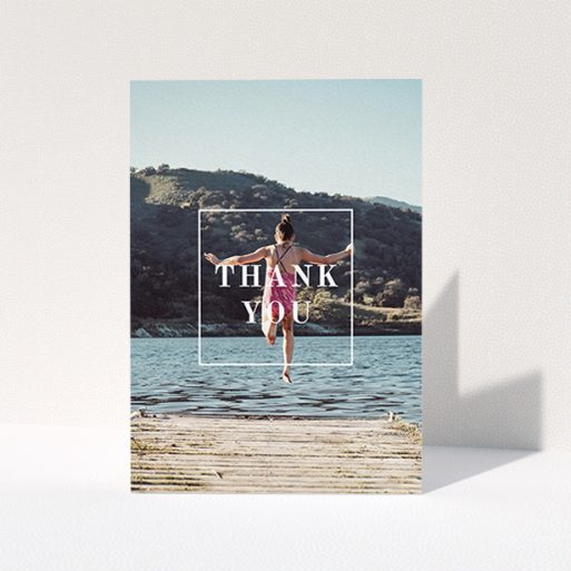 First Holy Communion Thank You Card Design - "Central Thanks" A first holy communion thank you card design named "Central Thanks". It is an A6 card in a portrait orientation. It is a photographic first holy communion thank you card with room for 1 photo. "Central Thanks" is available as a folded card, with mainly white colouring.