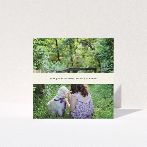 First Holy Communion Thank You Card Design - "Cream Banner" A first holy communion thank you card design titled "Cream Banner". It is a square (148mm x 148mm) card in a square orientation. It is a photographic first holy communion thank you card with room for 1 photo. "Cream Banner" is available as a folded card, with mainly cream colouring.