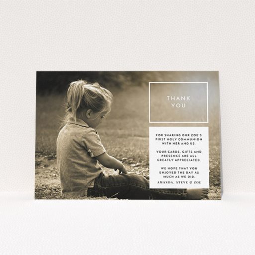 First Holy Communion Thank You Card Design - "Modern Side Frame" A first holy communion thank you card design titled "Modern Side Frame". It is an A5 card in a landscape orientation. It is a photographic first holy communion thank you card with room for 1 photo. "Modern Side Frame" is available as a flat card, with mainly white colouring.