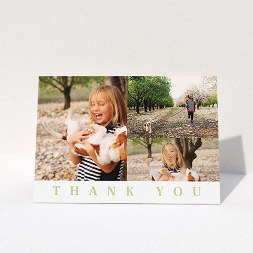 First Holy Communion Thank You Card Design - "One and Two Half Frames" A first holy communion thank you card named "One and Two Half Frames". It is an A6 card in a landscape orientation. It is a photographic first holy communion thank you card with room for 3 photos. "One and Two Half Frames" is available as a folded card, with tones of white and gold.