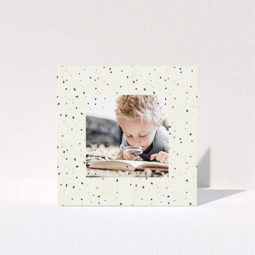 First Holy Communion Thank You Card Design - "Pastel Dots" A first holy communion thank you card design titled "Pastel Dots". It is a square (148mm x 148mm) card in a square orientation. It is a photographic first holy communion thank you card with room for 1 photo. "Pastel Dots" is available as a folded card, with mainly cream colouring.