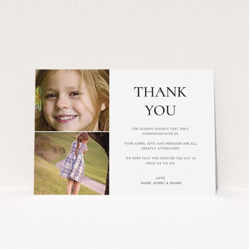 First Holy Communion Thank You Card Design - "Stacked Frames in Thirds" A first holy communion thank you card design named "Stacked Frames in Thirds". It is an A5 card in a landscape orientation. It is a photographic first holy communion thank you card with room for 2 photos. "Stacked Frames in Thirds" is available as a flat card, with mainly white colouring.