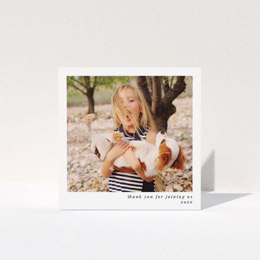 First Holy Communion Thank You Card Design - "Thanks for coming" A first holy communion thank you card design called "Thanks for coming". It is a square (148mm x 148mm) card in a square orientation. It is a photographic first holy communion thank you card with room for 1 photo. "Thanks for coming" is available as a folded card, with mainly white colouring.