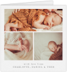 A new baby thank you card template titled "3 Frames". It is a square (148mm x 148mm) card in a square orientation. It is a photographic new baby thank you card with room for 3 photos. "3 Frames" is available as a folded card, with mainly white colouring.