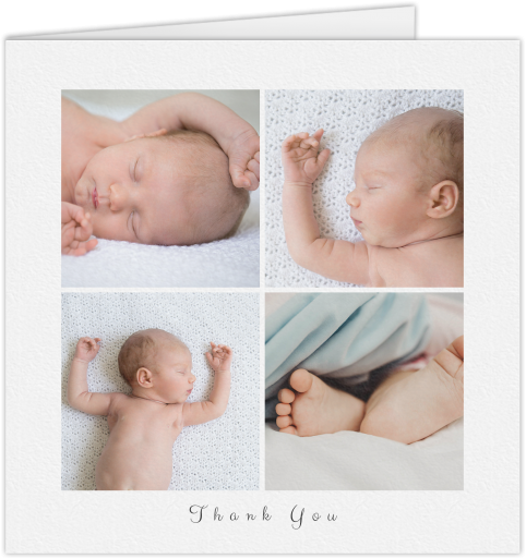Baby Thank You Card - 4 Fine Frames A baby thank you card called "4 Fine Frames". It is a thank you card design in a square format, sized at 148X148mm. The folded thank you card shown has tones of white, and has room for 4 photos.