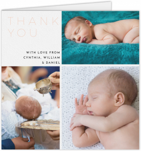 Baby Thank You Card - Quarter Frames A baby thank you card called "Quarter Frames". It is a thank you card design in a square format, sized at 148X148mm. The folded thank you card shown has tones of white, and has room for 3 photos.