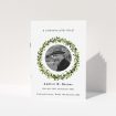 A funeral order of service named "Solemn wreath. It is an A5 booklet in a portrait orientation. It is a photographic funeral order of service with room for 1 photo. "Solemn wreath" is available as a folded booklet booklet, with tones of white and green.
