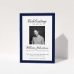 A funeral order of service named "Stoic Border. It is an A5 booklet in a portrait orientation. It is a photographic funeral order of service with room for 1 photo. "Stoic Border" is available as a folded booklet booklet, with tones of white and navy blue.