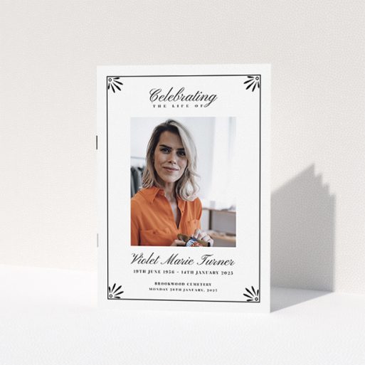 Funeral and Memorial Service Program - "Deco Corners" A funeral order of service named "Deco Corners. It is an A5 booklet in a portrait orientation. It is a photographic funeral order of service with room for 1 photo. "Deco Corners" is available as a folded booklet booklet, with tones of white and black.