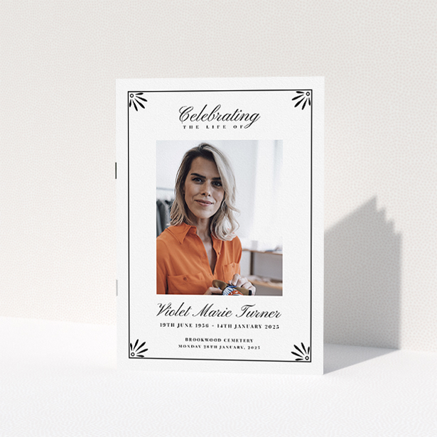 A funeral order of service named "Deco Corners. It is an A5 booklet in a portrait orientation. It is a photographic funeral order of service with room for 1 photo. "Deco Corners" is available as a folded booklet booklet, with tones of white and black.