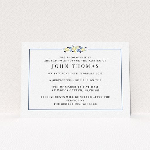 Funeral Announcement Card Design - "A celebration and flowers" A funeral announcement card design called "A celebration and flowers". It is an A6 card in a landscape orientation. "A celebration and flowers" is available as a flat card, with tones of white and blue.