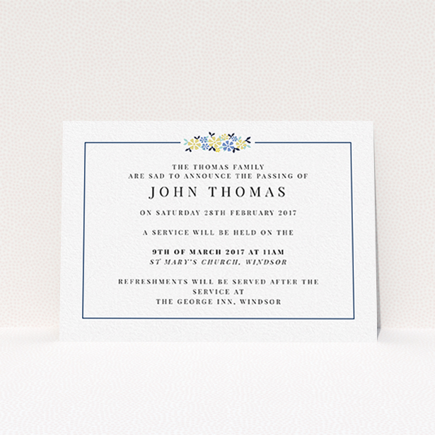 A funeral announcement card design called "A celebration and flowers". It is an A6 card in a landscape orientation. "A celebration and flowers" is available as a flat card, with tones of white and blue.