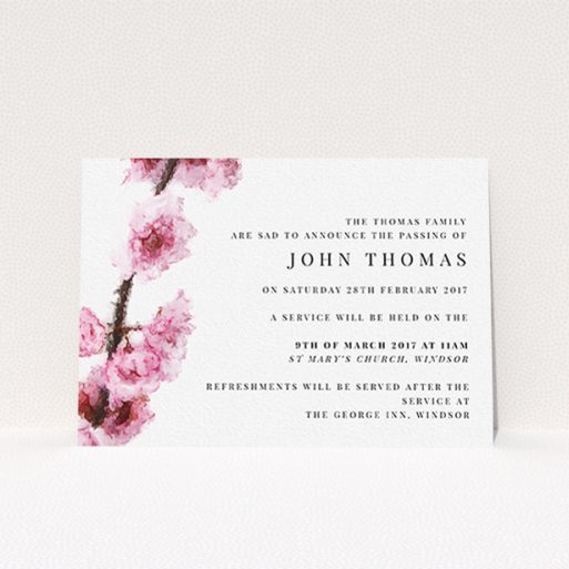 Funeral Announcement Card Design - "Blossom at an angle" A funeral announcement card named "Blossom at an angle". It is an A6 card in a landscape orientation. "Blossom at an angle" is available as a flat card, with tones of pink and white.