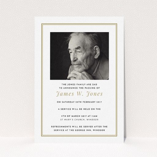 Funeral Announcement Card Design - "Classic remembrance" A funeral announcement card template titled "Classic remembrance". It is an A5 card in a portrait orientation. It is a photographic funeral announcement card with room for 1 photo. "Classic remembrance" is available as a flat card, with tones of gold and white.