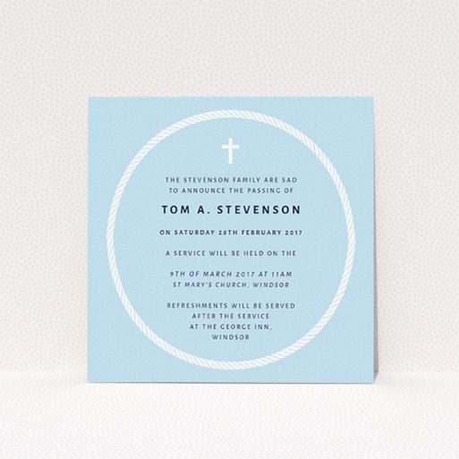 Funeral Announcement Card Design - "Complete not" A funeral announcement card design called "Complete not". It is a square (148mm x 148mm) card in a square orientation. "Complete not" is available as a flat card, with tones of blue and white.