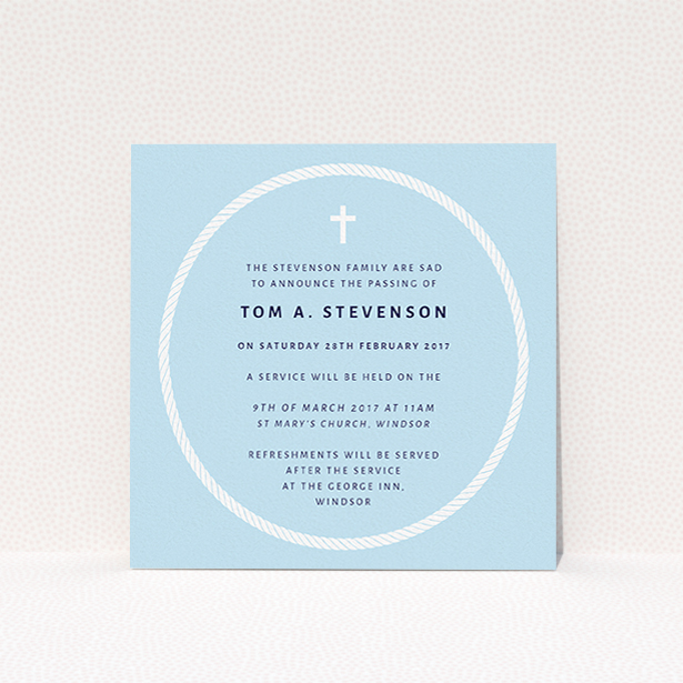 A funeral announcement card design called "Complete not". It is a square (148mm x 148mm) card in a square orientation. "Complete not" is available as a flat card, with tones of blue and white.