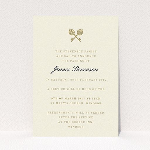 Funeral Announcement Card Design - "Cross Keys" A funeral announcement card design called "Cross Keys". It is an A6 card in a portrait orientation. "Cross Keys" is available as a flat card, with tones of cream and gold.