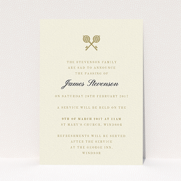A funeral announcement card design called "Cross Keys". It is an A6 card in a portrait orientation. "Cross Keys" is available as a flat card, with tones of cream and gold.