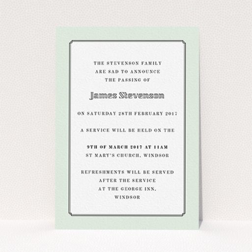 Funeral Announcement Card Design - "Decrement" A funeral announcement card named "Decrement". It is an A6 card in a portrait orientation. "Decrement" is available as a flat card, with mainly green colouring.
