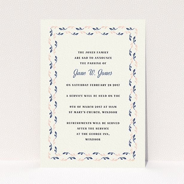 A funeral announcement card template titled "Explosion of leaves". It is an A6 card in a portrait orientation. "Explosion of leaves" is available as a flat card, with mainly cream colouring.