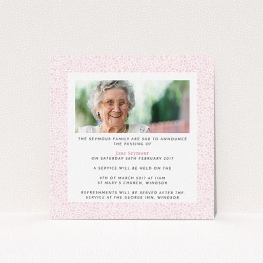 Funeral Announcement Card Design - "Floral Remembrance" A funeral announcement card called "Floral Remembrance". It is a square (148mm x 148mm) card in a square orientation. It is a photographic funeral announcement card with room for 1 photo. "Floral Remembrance" is available as a flat card, with tones of pink and white.